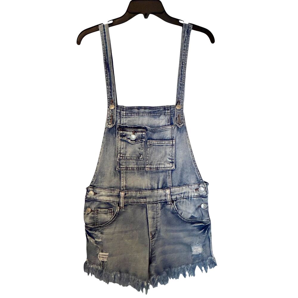 Almost Famous Denim Overall Shorts Shortalls Distressed Light Wash 9